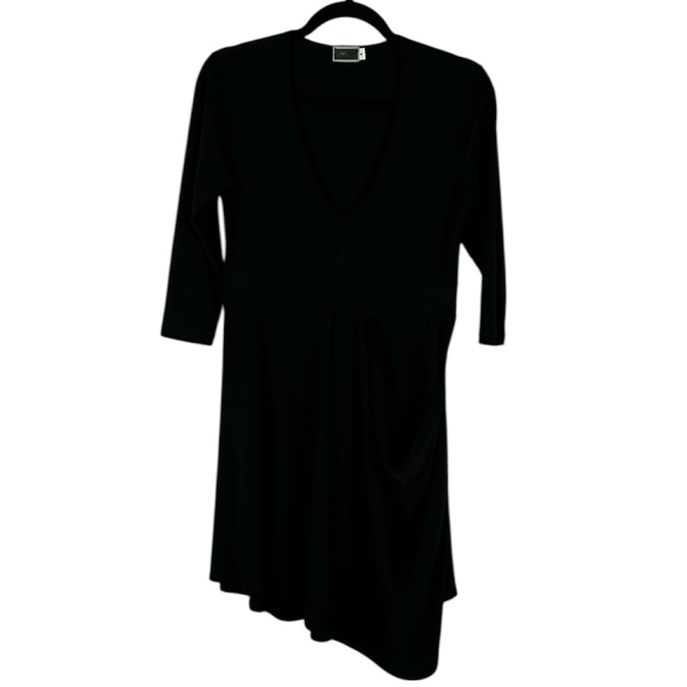 Sympli Asymmetrical Deep V Neck 3/4 Sleeves Drape Front Dress Size 8 Black